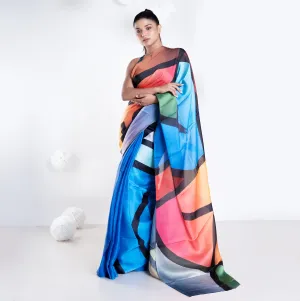 Women Ami Satin Georgette Digital Printed Saree In Blue Color