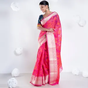 Women Banarasi Kora Cotton Saree In Hot Pink Color With Floral Jaal And Golden Border