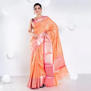 Women Banarasi Kora Organza Saree In Sunset Orange Color With Golden Border And Booti