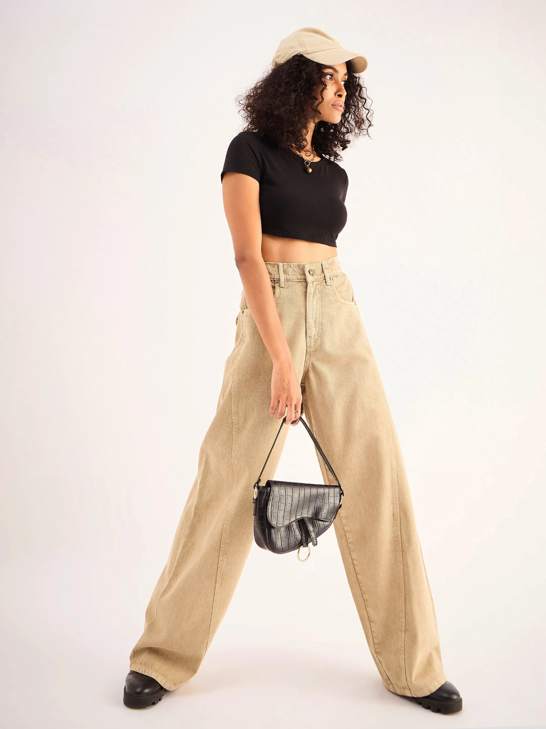 Women Beige Seam Detail Wide Leg Jeans