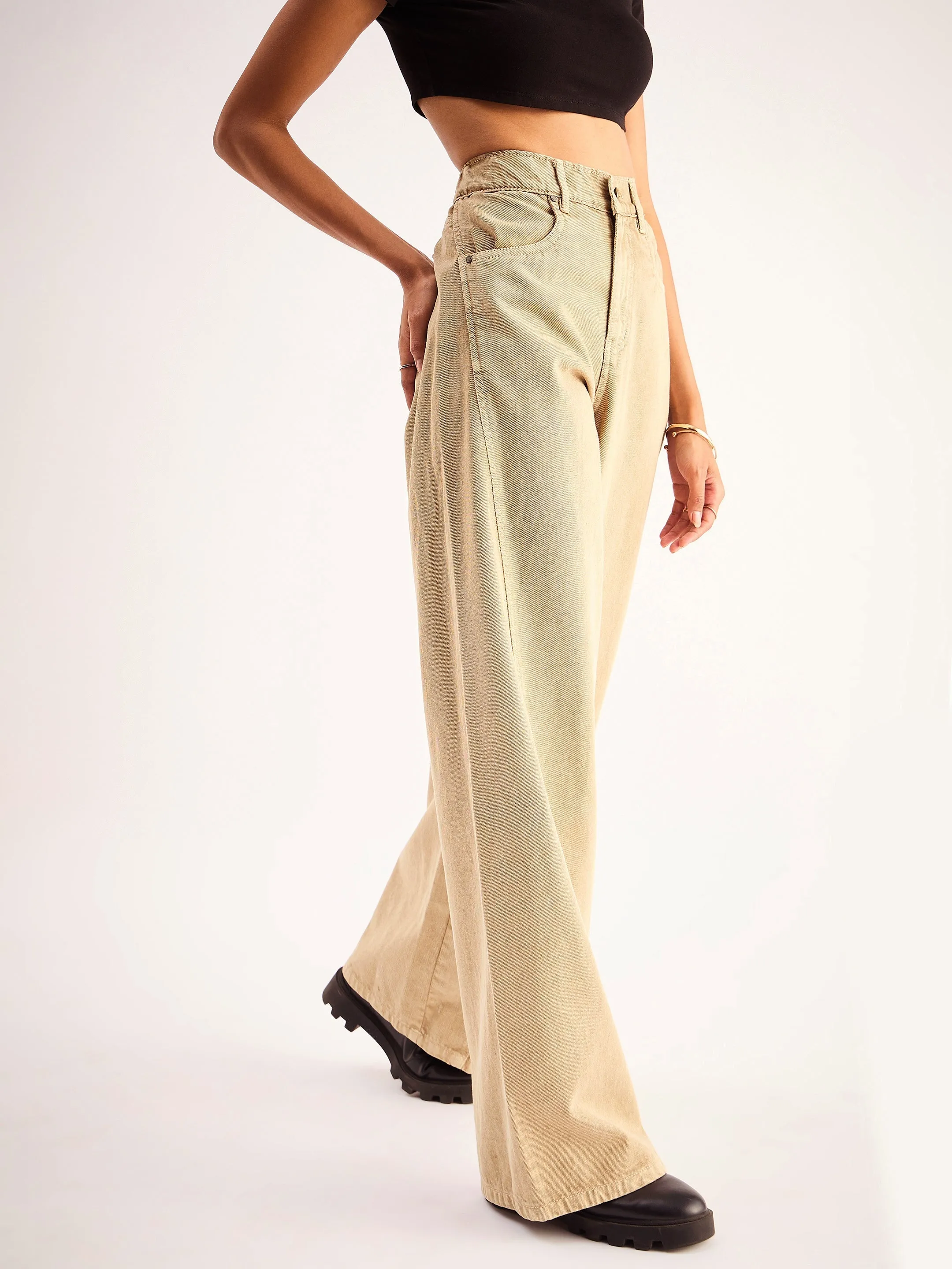 Women Beige Seam Detail Wide Leg Jeans