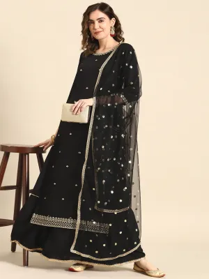 Women Black Embroidered Straight Kurta With Sharara And Net Dupatta