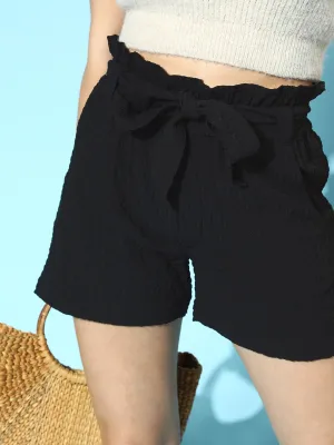 Women Black Paperbag Waist Belted Shorts