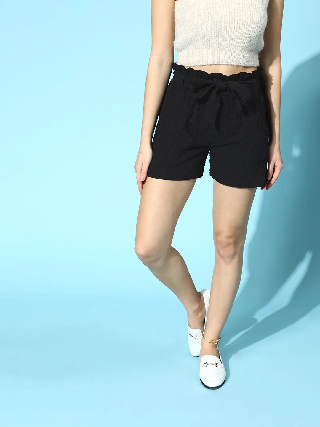 Women Black Paperbag Waist Belted Shorts