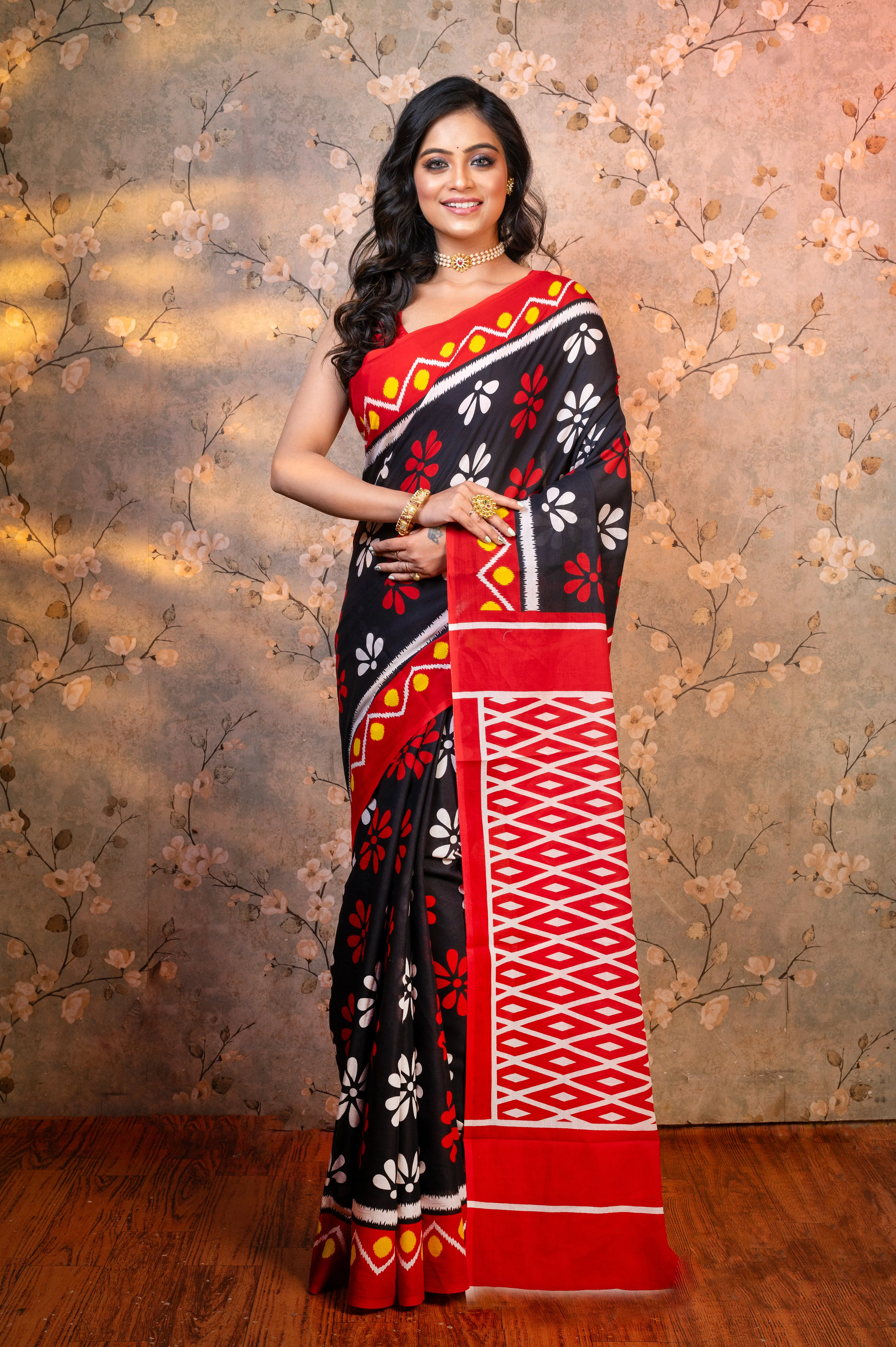 Women Black Pure Bagru Malmal Cotton Saree With Multicolor Floral Motifs