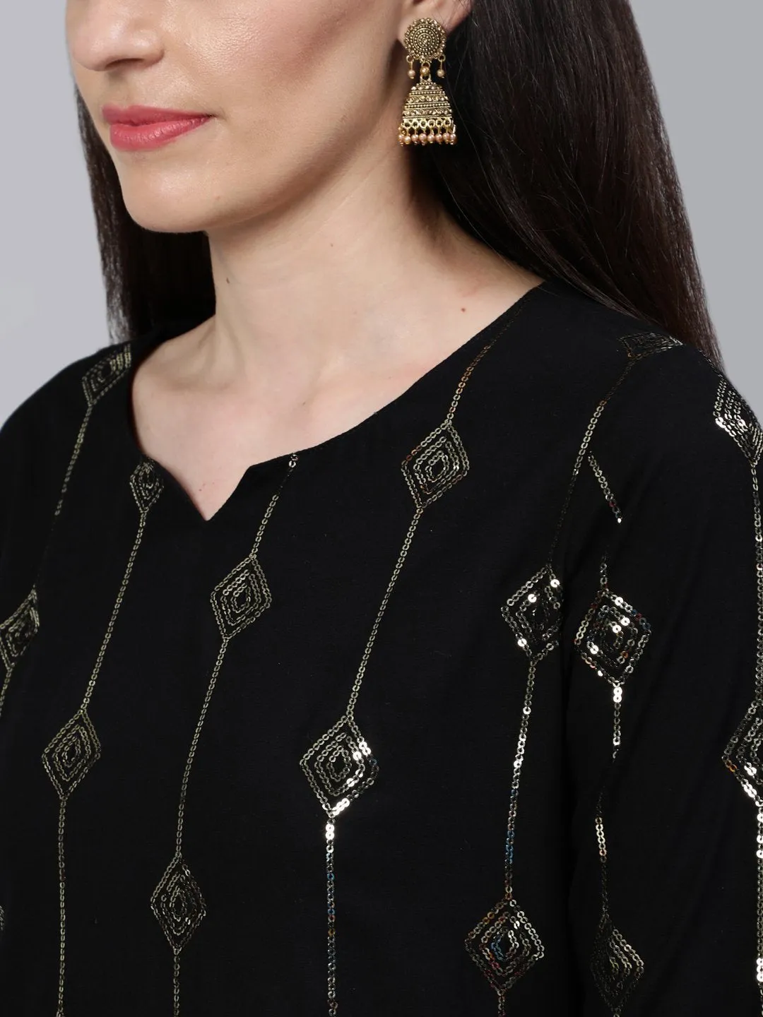 Women Black Sequened Straight Kurta With Plazo & Dupatta