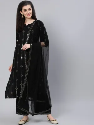 Women Black Sequened Straight Kurta With Plazo & Dupatta