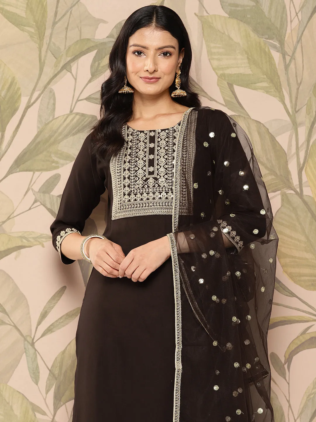 Women Brown Embroidered Straight Kurta With Palazzo And Dupatta