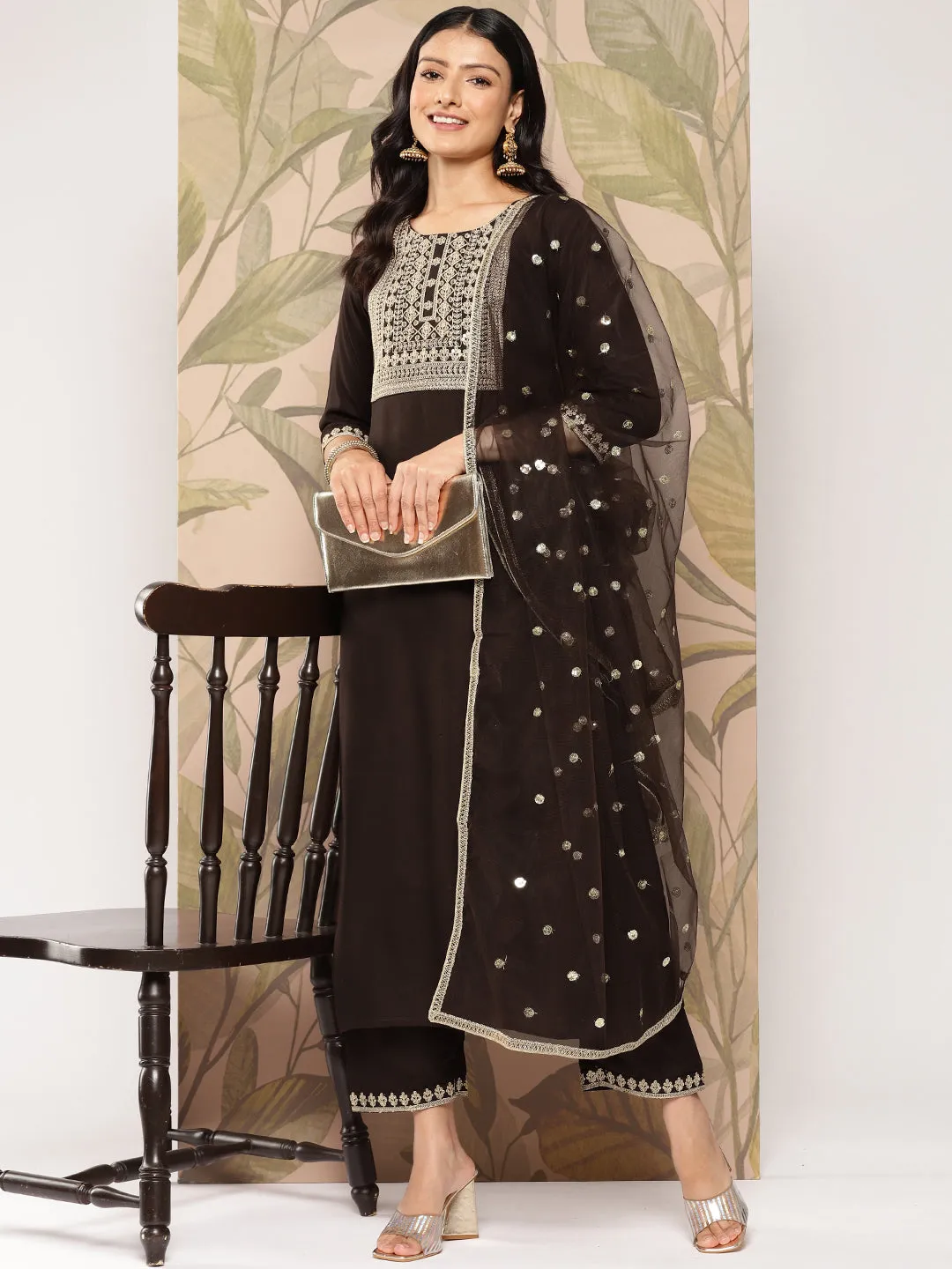 Women Brown Embroidered Straight Kurta With Palazzo And Dupatta