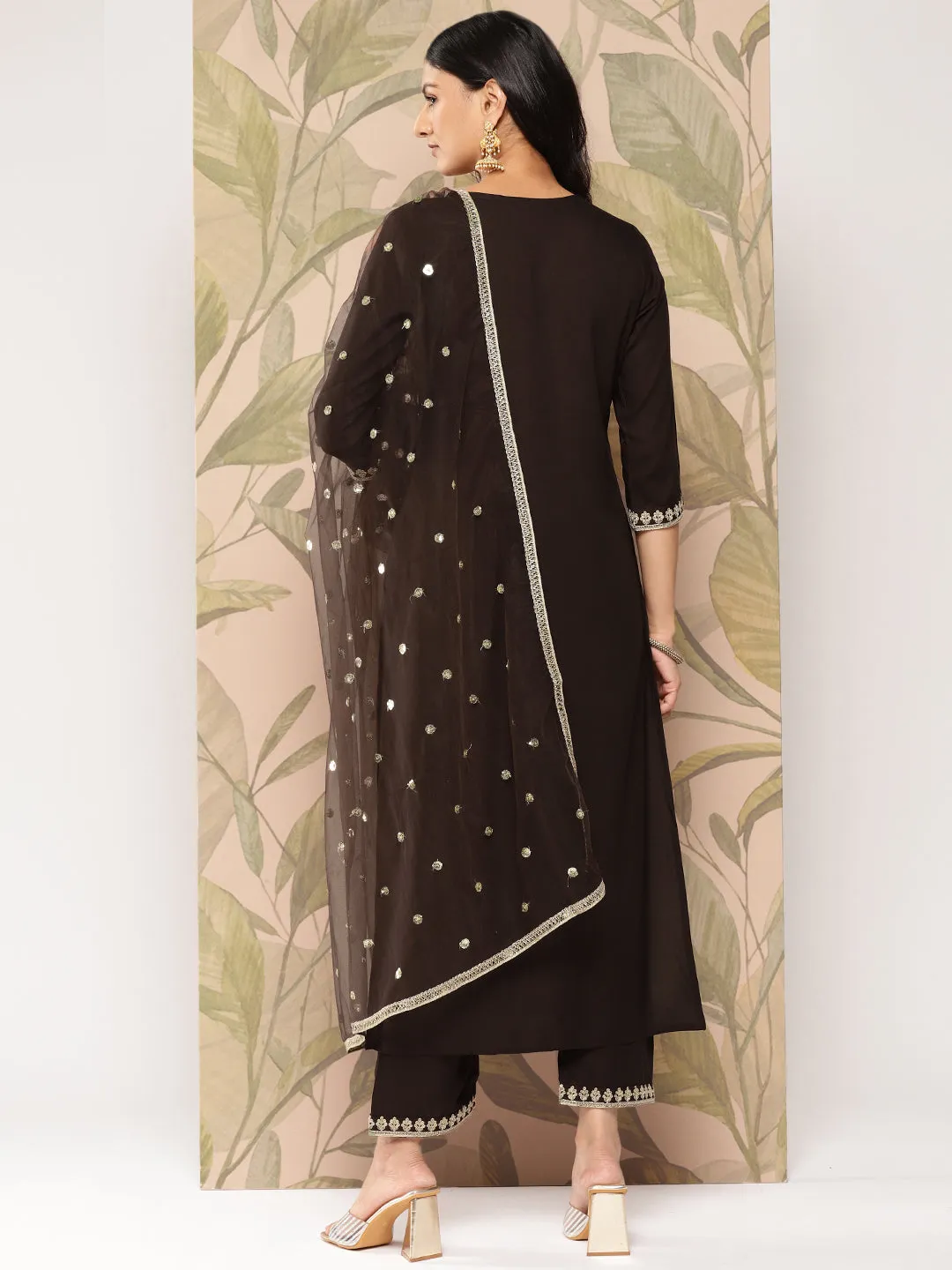 Women Brown Embroidered Straight Kurta With Palazzo And Dupatta