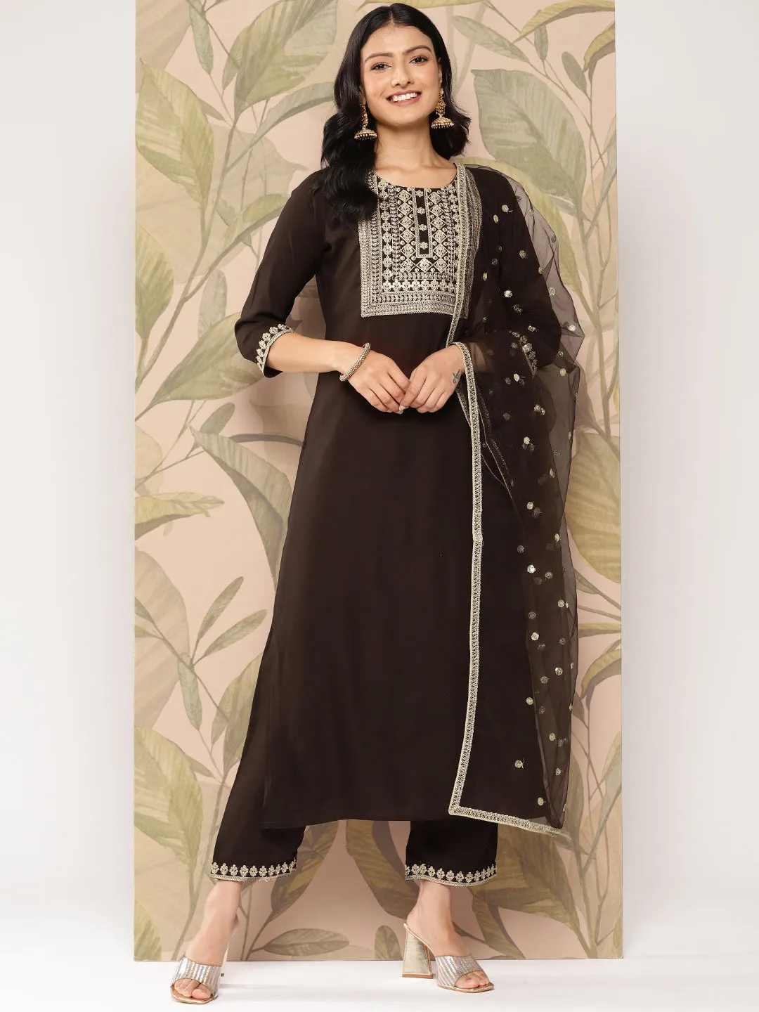 Women Brown Embroidered Straight Kurta With Palazzo And Dupatta