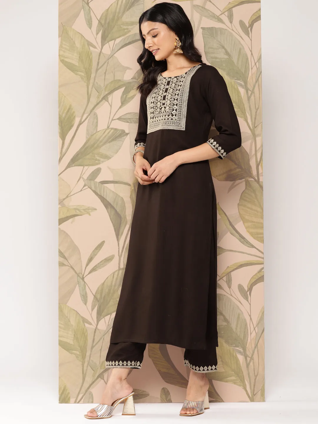 Women Brown Embroidered Straight Kurta With Palazzo And Dupatta