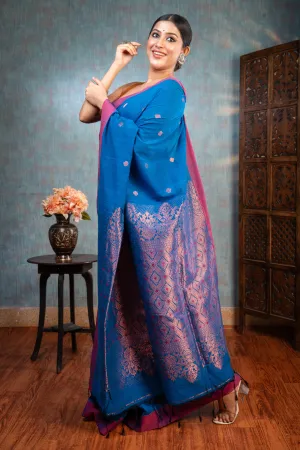 Women Cerulean Blue Pure Handloom Cotton Saree With Copper Woven Motifs And Border