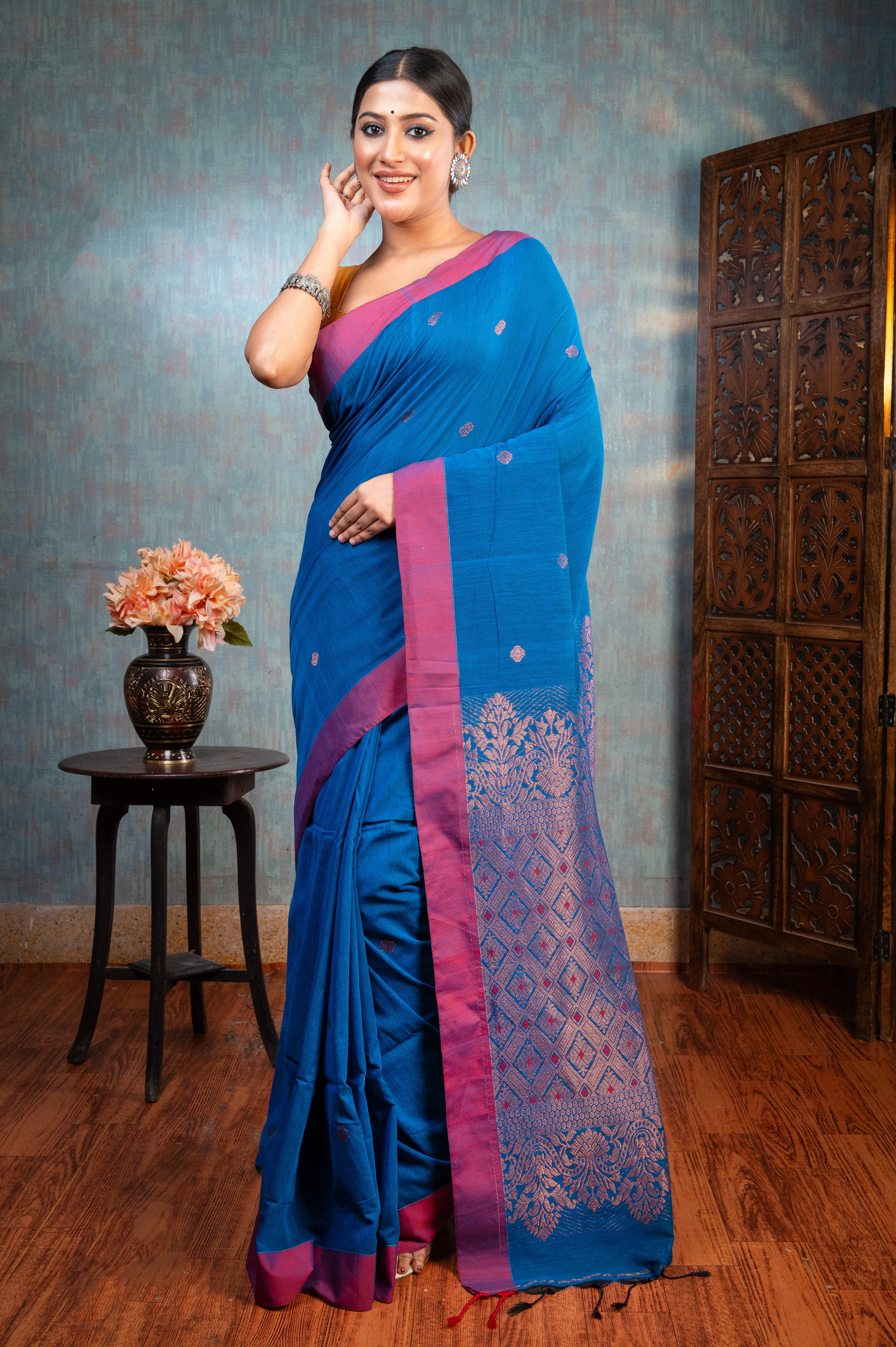 Women Cerulean Blue Pure Handloom Cotton Saree With Copper Woven Motifs And Border