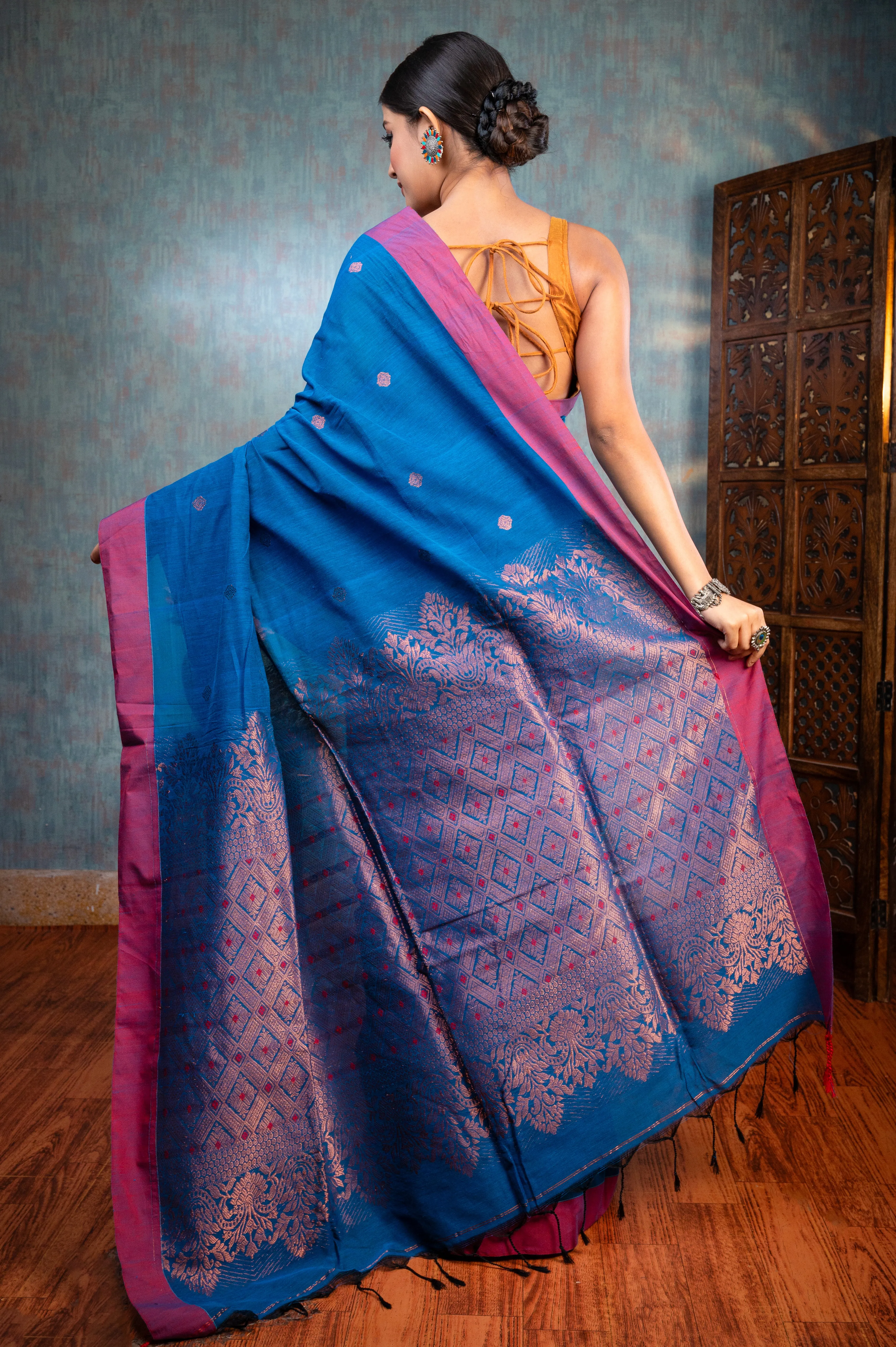 Women Cerulean Blue Pure Handloom Cotton Saree With Copper Woven Motifs And Border