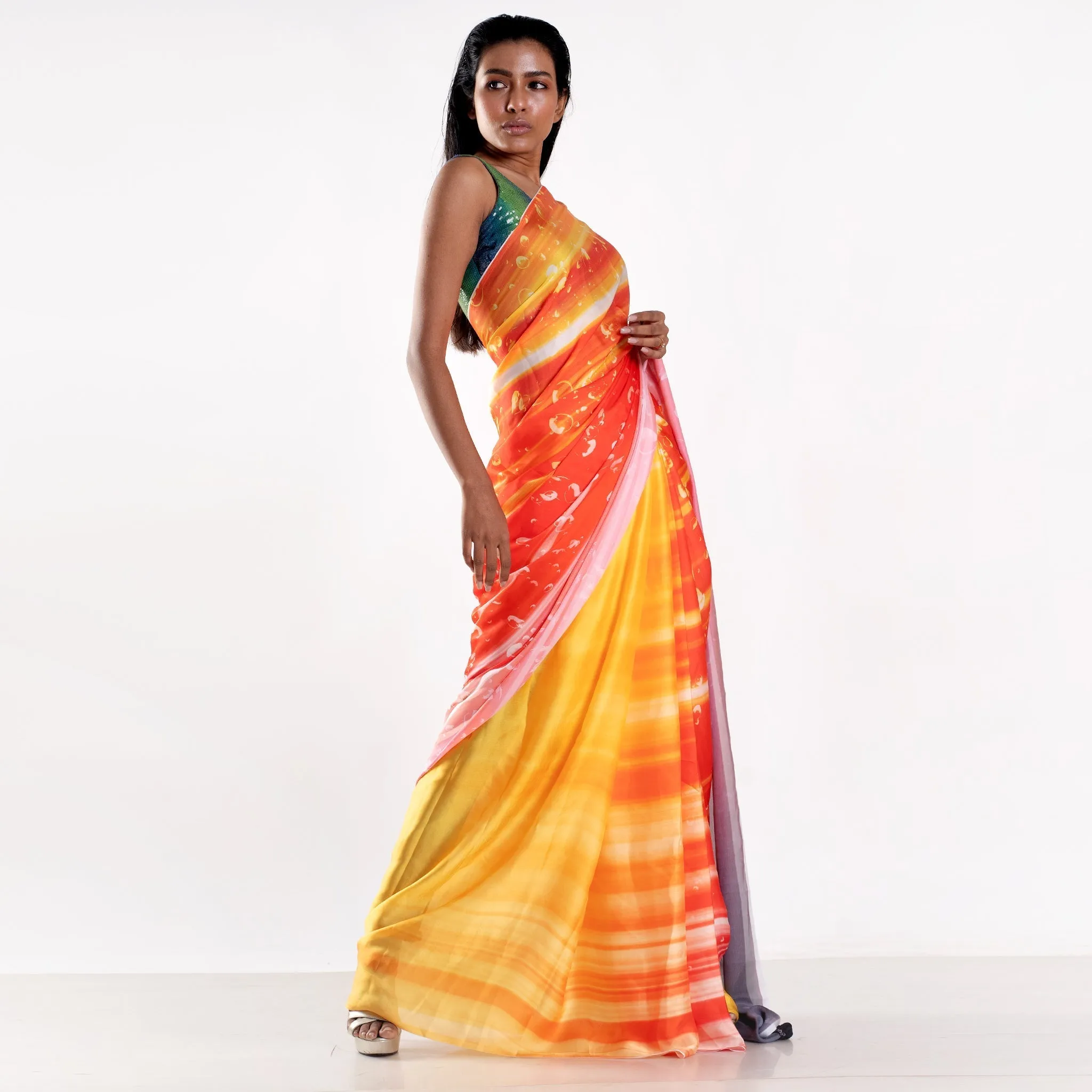 Women Citrine Digital Printed Satin Georgette Saree