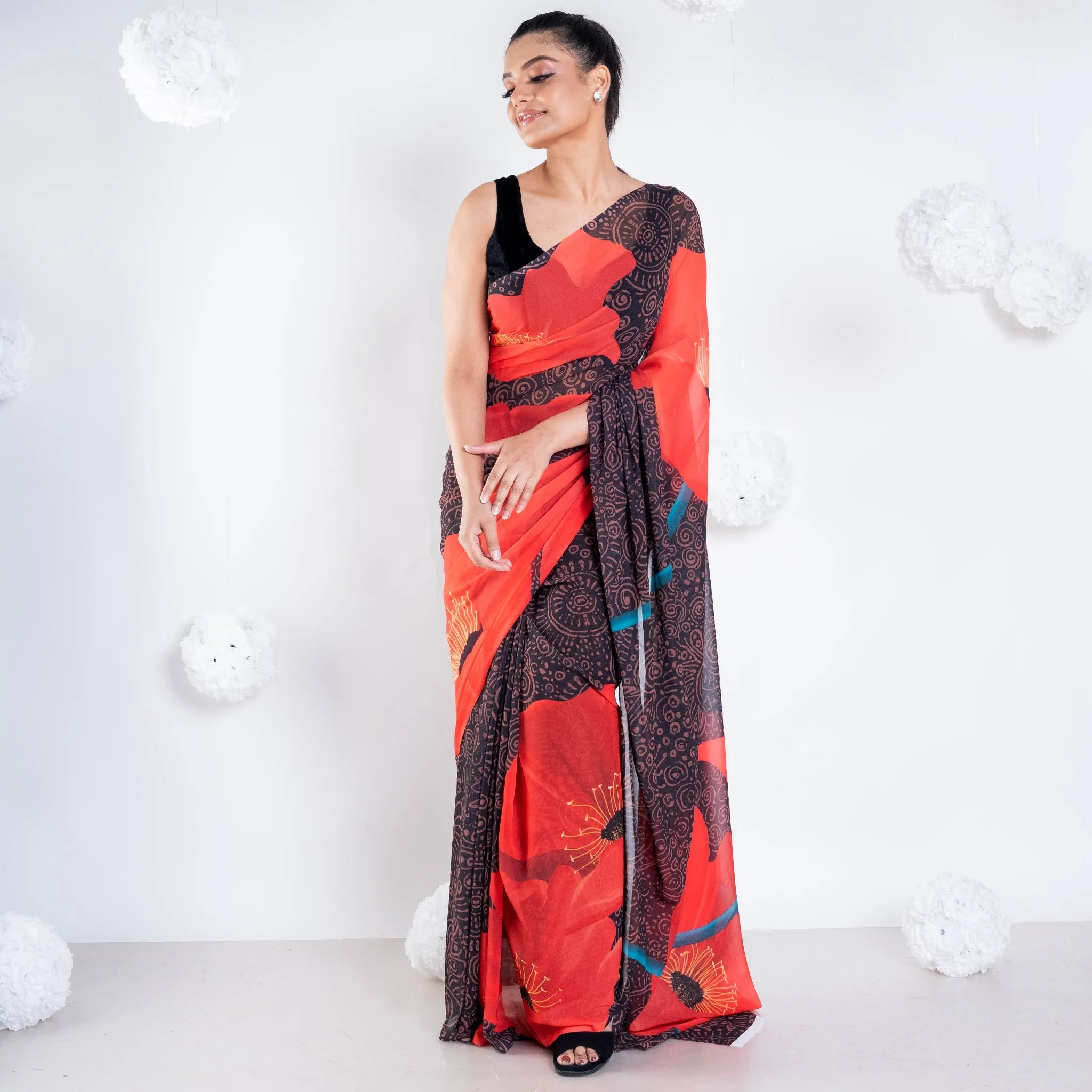 Women Claire Georgette Digital Printed Saree In Black Color