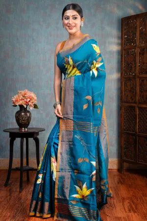 Women Dark Teal Hand Painted Cotton Saree