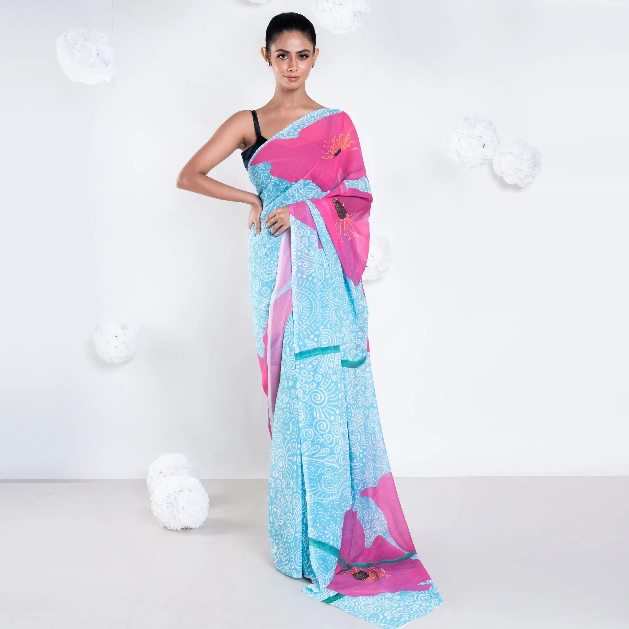 Women Elle Georgette Digital Printed Saree In Blue Color