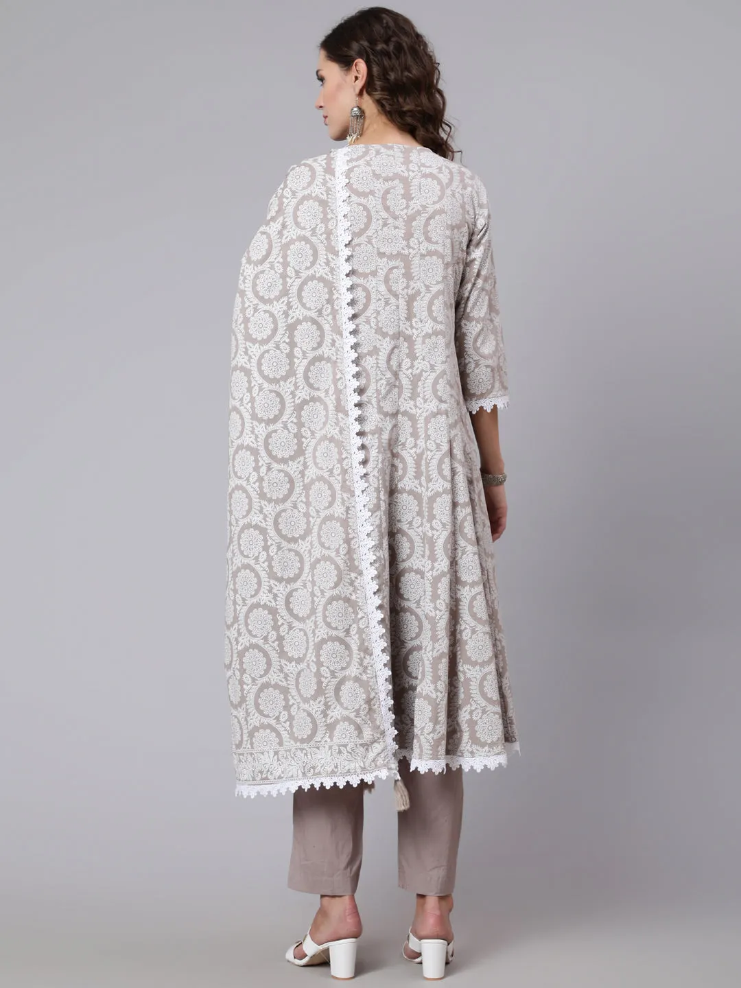 Women Grey Ethnic Printed Flared Kurta With Trouser And Dupatta