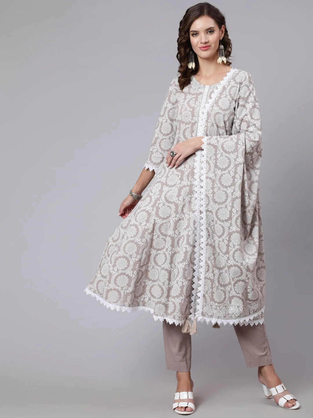 Women Grey Ethnic Printed Flared Kurta With Trouser And Dupatta