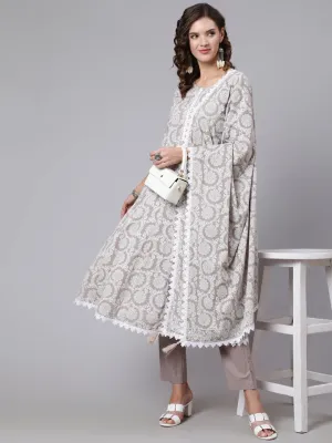 Women Grey Ethnic Printed Flared Kurta With Trouser And Dupatta