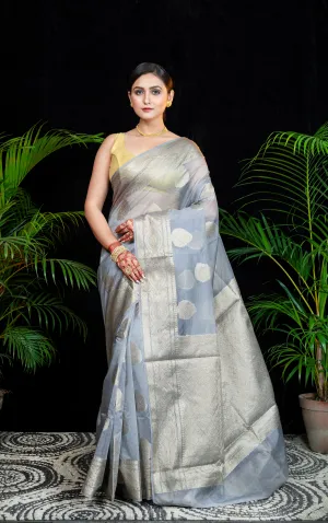 Women Grey Organza Silk Saree With Zari Border And Leaf Motifs