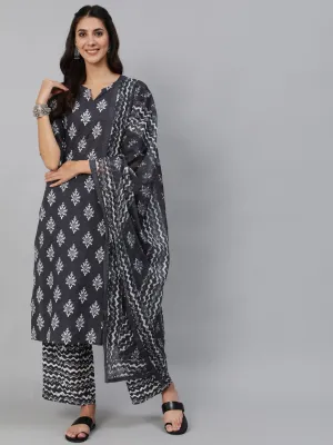 Women Grey Printed Kurta Set With Plazo & Dupatta