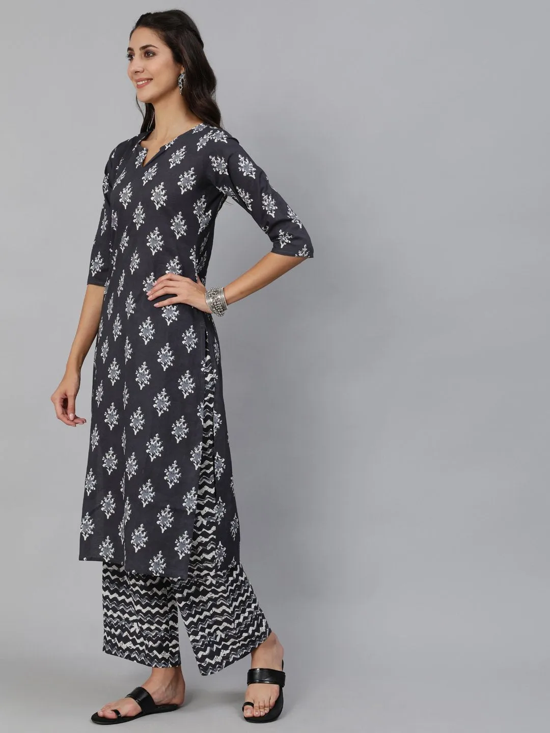 Women Grey Printed Kurta Set With Plazo & Dupatta