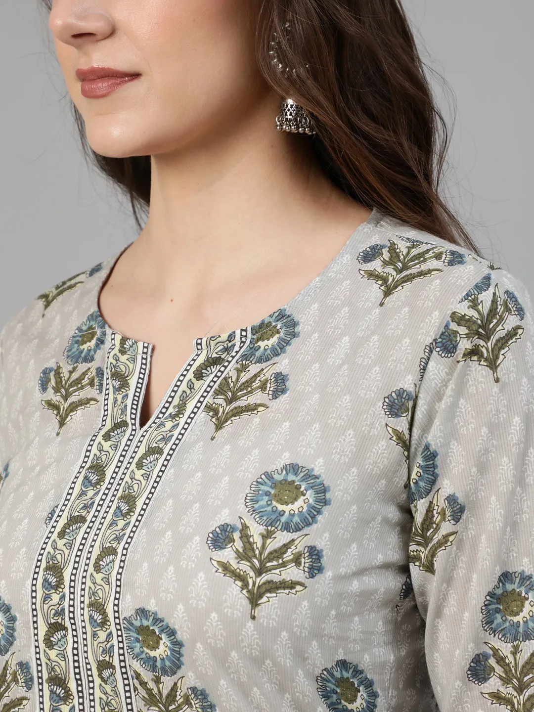 Women Grey Printed Kurta With Plazo & Dupatta