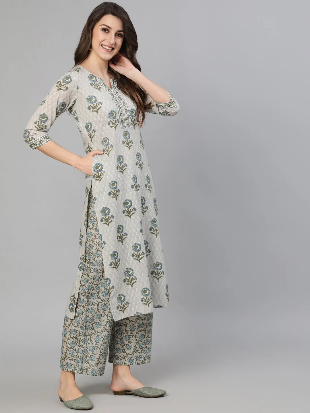 Women Grey Printed Kurta With Plazo & Dupatta