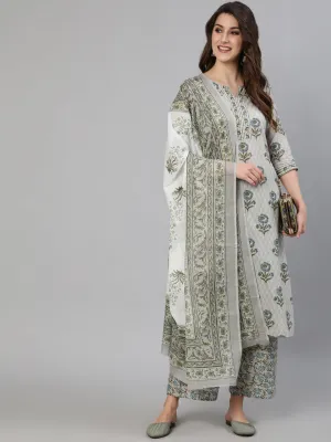 Women Grey Printed Kurta With Plazo & Dupatta