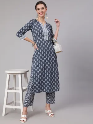 Women Grey Printed Straight Kurta And Palazzo