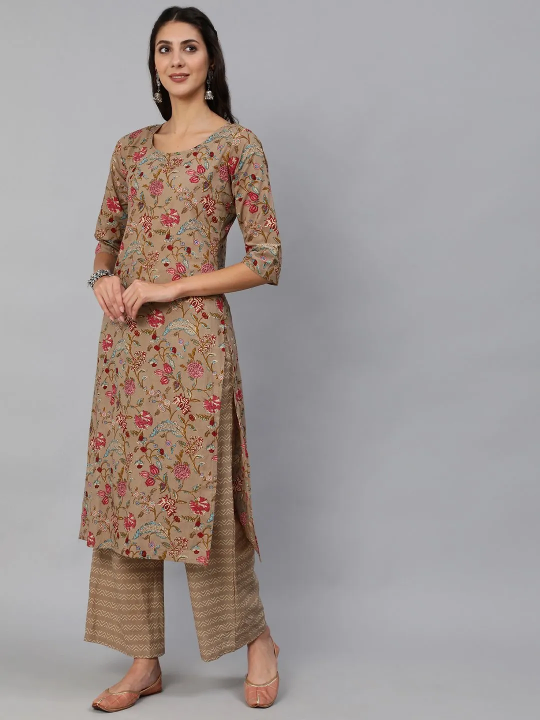 Women Grey Printed Straight Kurta Set With Plazo &  Dupatta