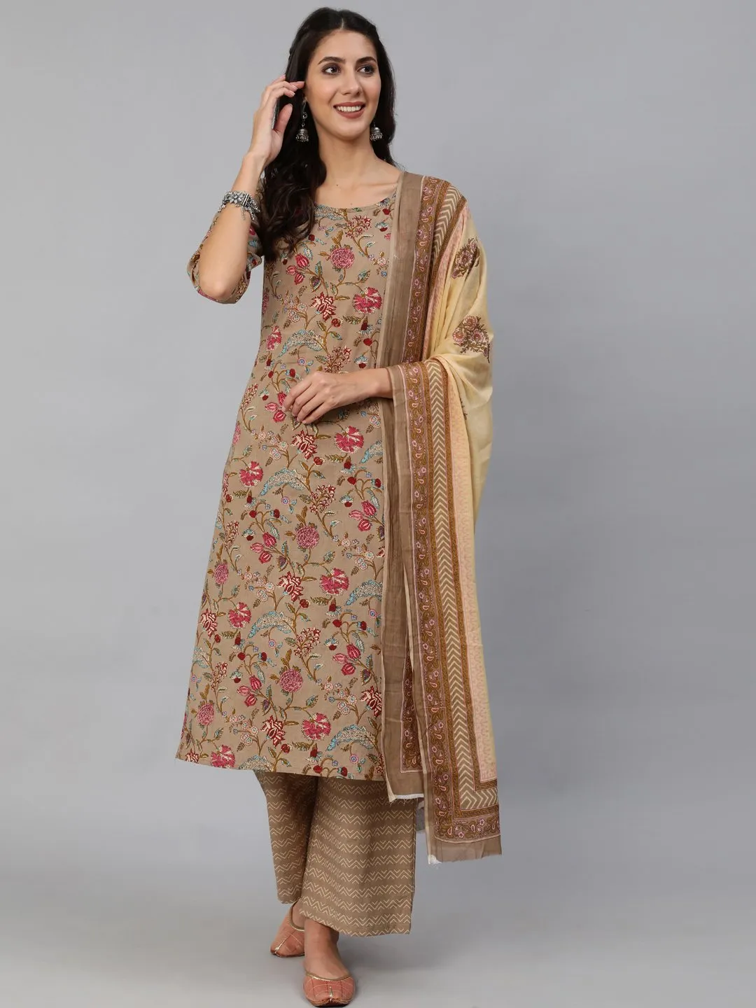 Women Grey Printed Straight Kurta Set With Plazo &  Dupatta