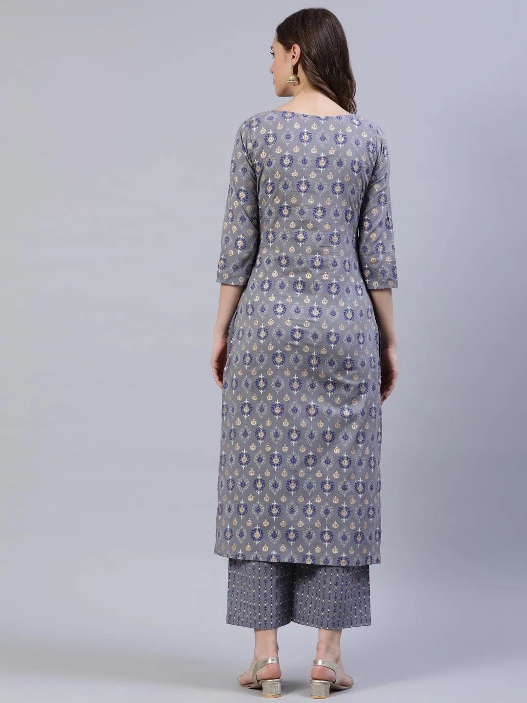 Women Grey Printed Straight Kurta With Plazo