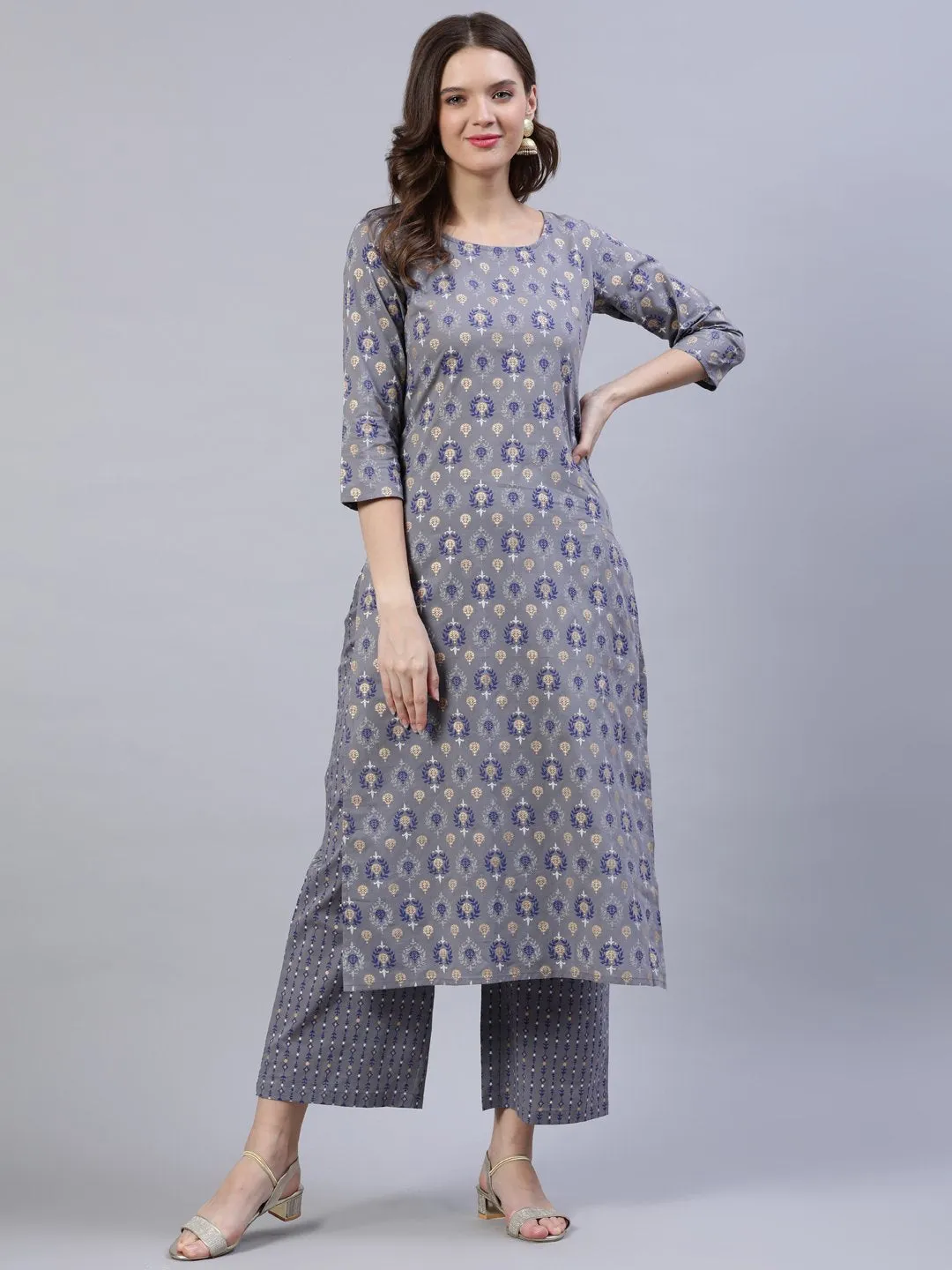 Women Grey Printed Straight Kurta With Plazo