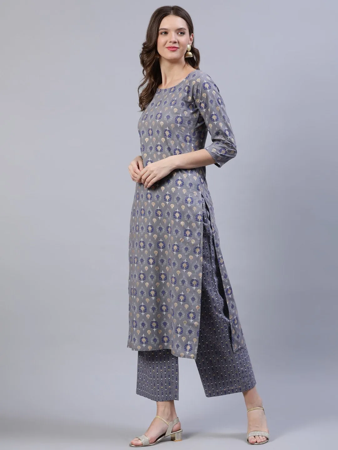 Women Grey Printed Straight Kurta With Plazo