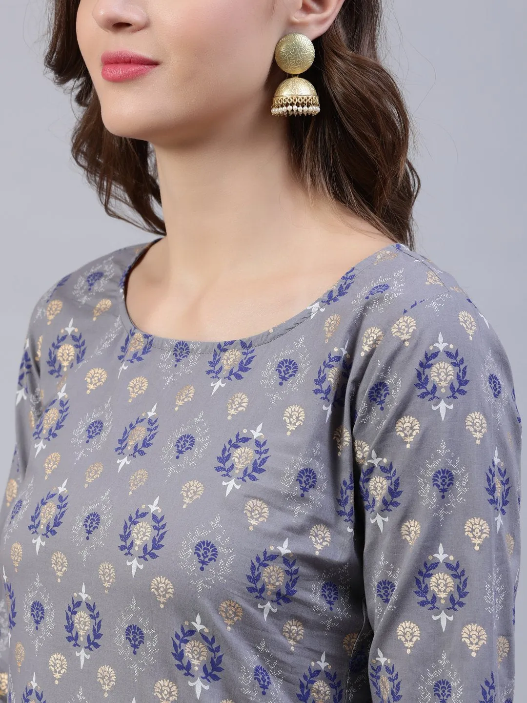 Women Grey Printed Straight Kurta With Plazo