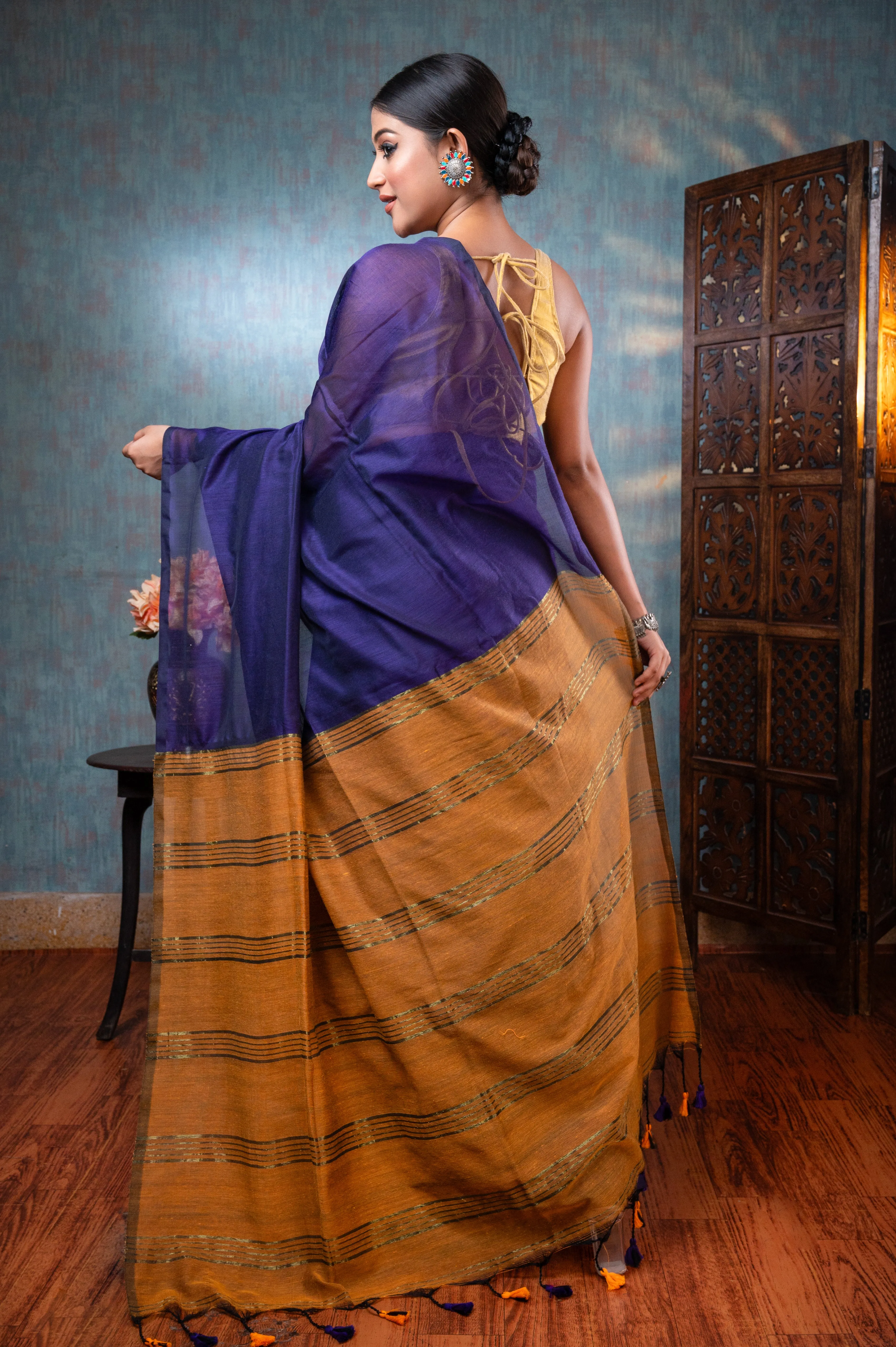 Women Ink Blue And Yellow Handloom Cotton Saree With Golden Zari Border And Pallu