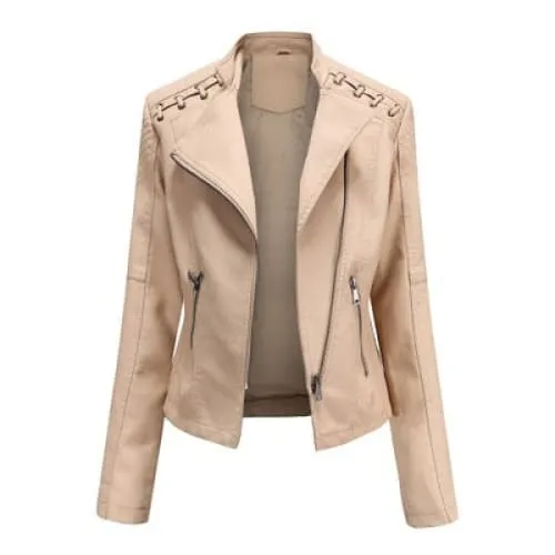 Women Lapel Neck Zip Pocket Top-Stitching Faux Leather Jacket