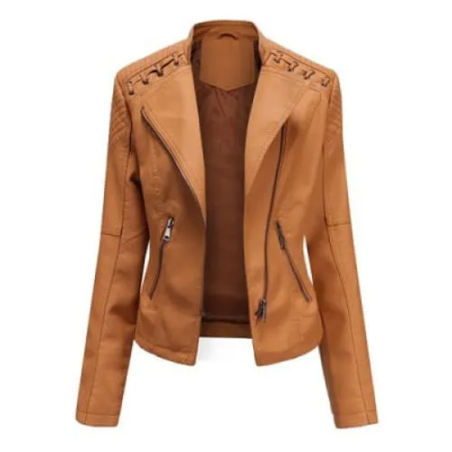 Women Lapel Neck Zip Pocket Top-Stitching Faux Leather Jacket