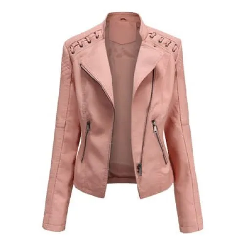 Women Lapel Neck Zip Pocket Top-Stitching Faux Leather Jacket