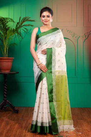 Women Off-White Handloom Cotton Saree With Green Velvet Border And Pallu