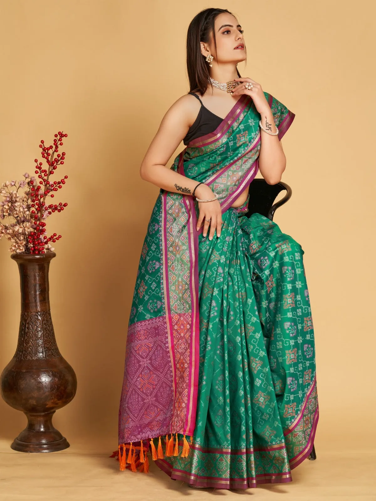 Women Party Wear Designer Green Colour Patola Silk Saree Collection