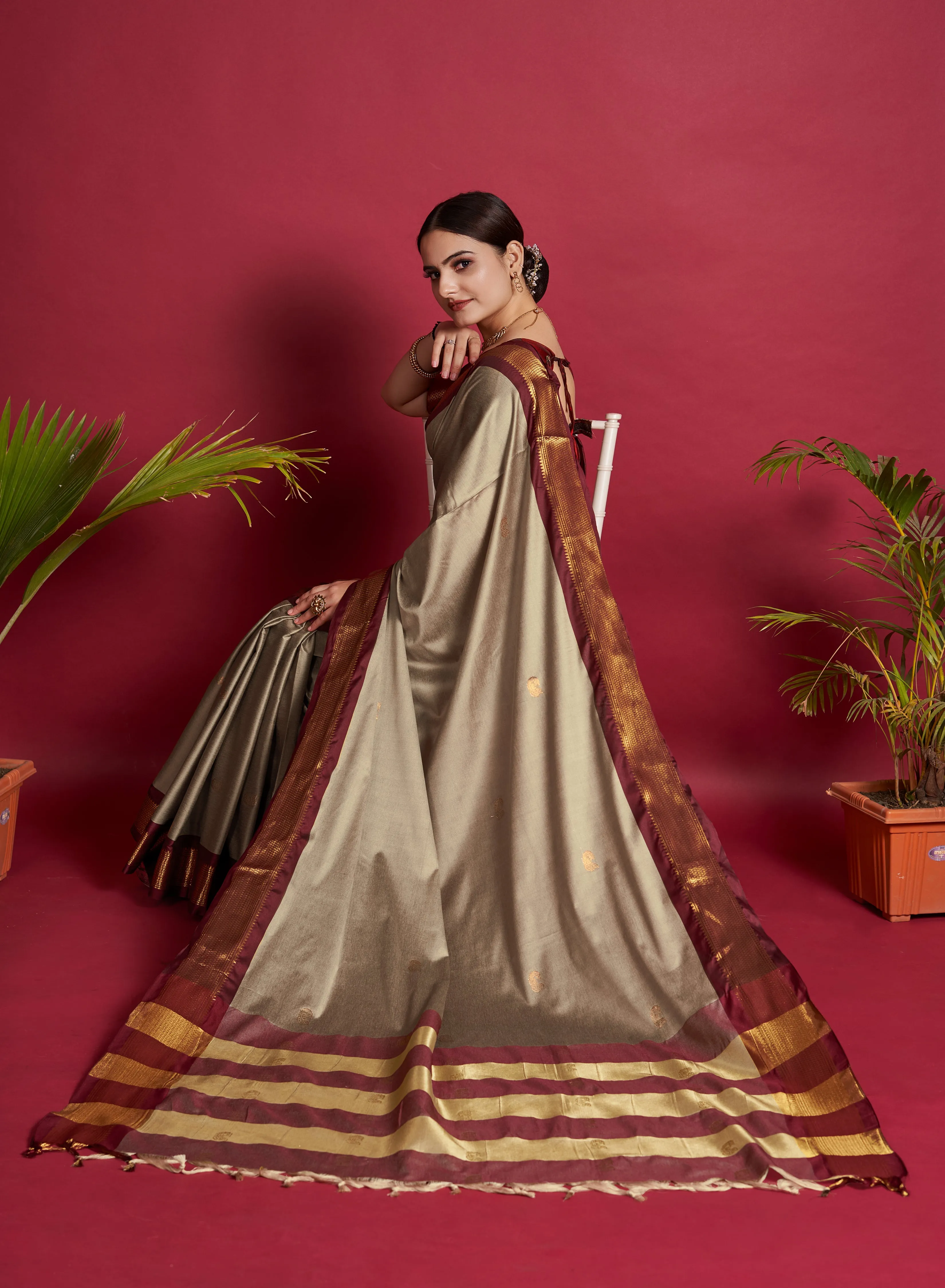 Women Party Wear Plain Banarasi Silk Light Brown colour Saree with Zari Border Work