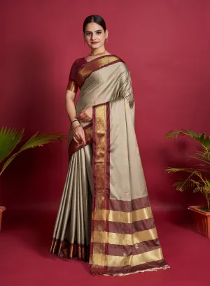 Women Party Wear Plain Banarasi Silk Light Brown colour Saree with Zari Border Work