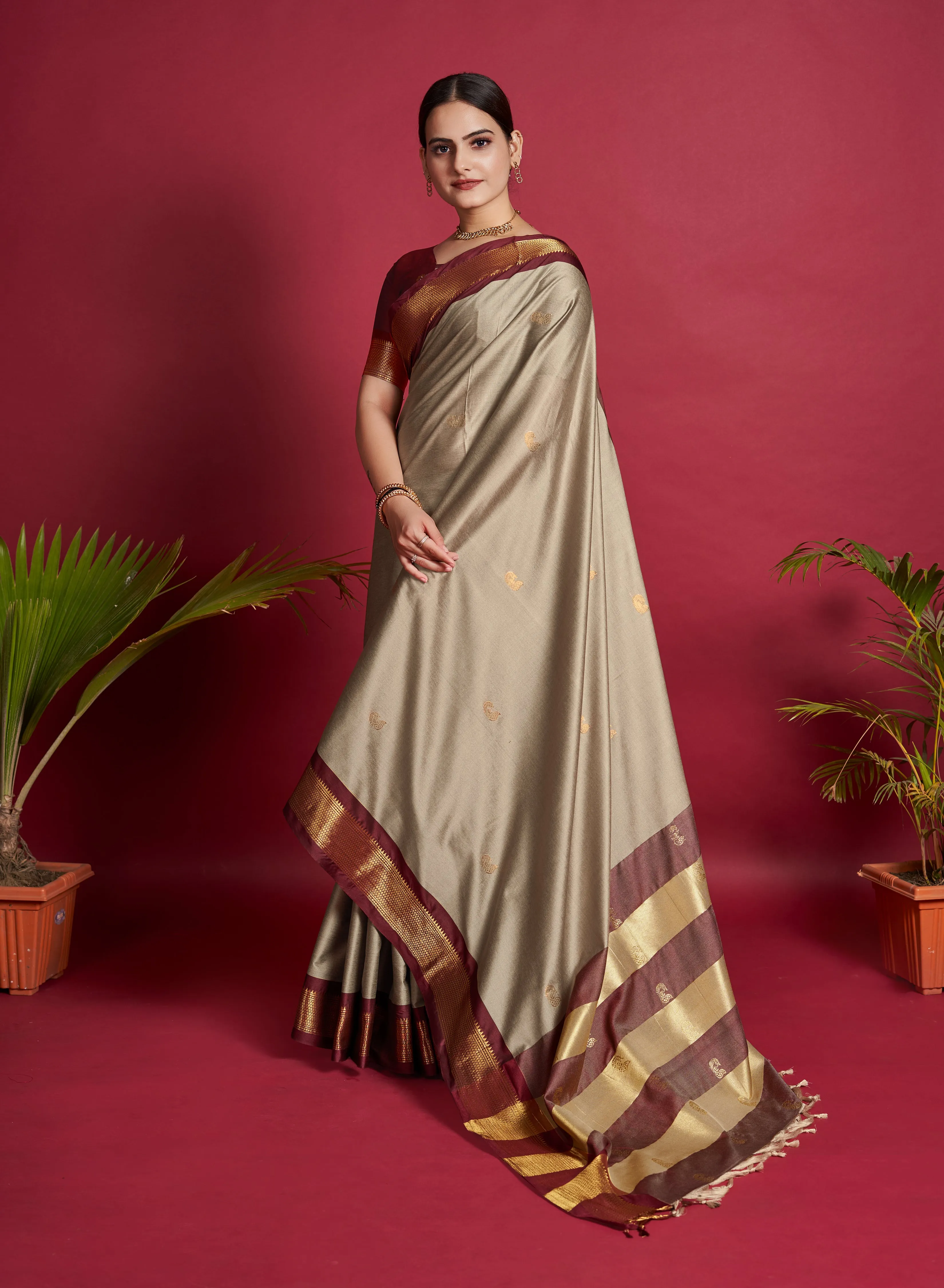 Women Party Wear Plain Banarasi Silk Light Brown colour Saree with Zari Border Work