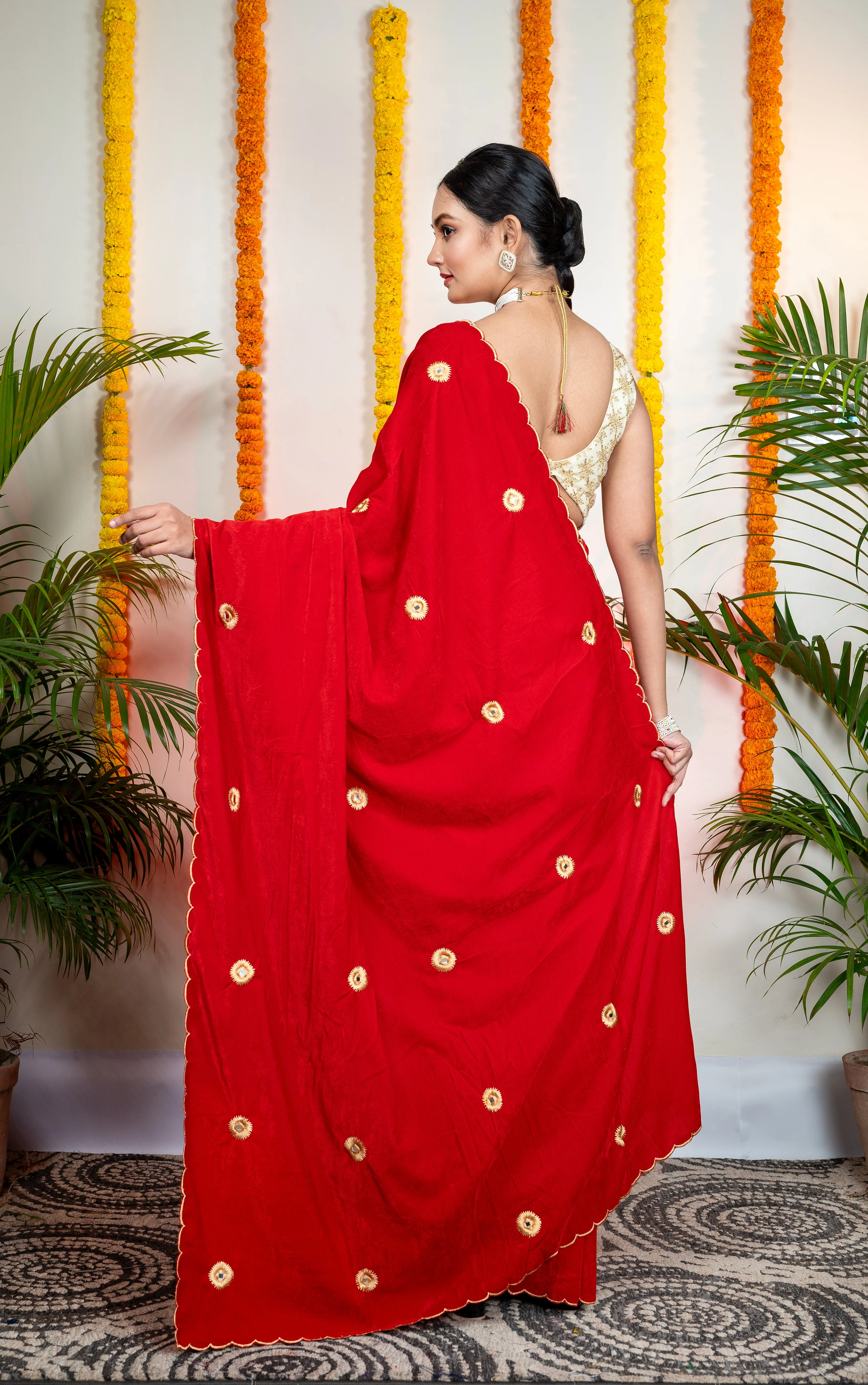 Women Red Velvet Machine Embroidered Saree