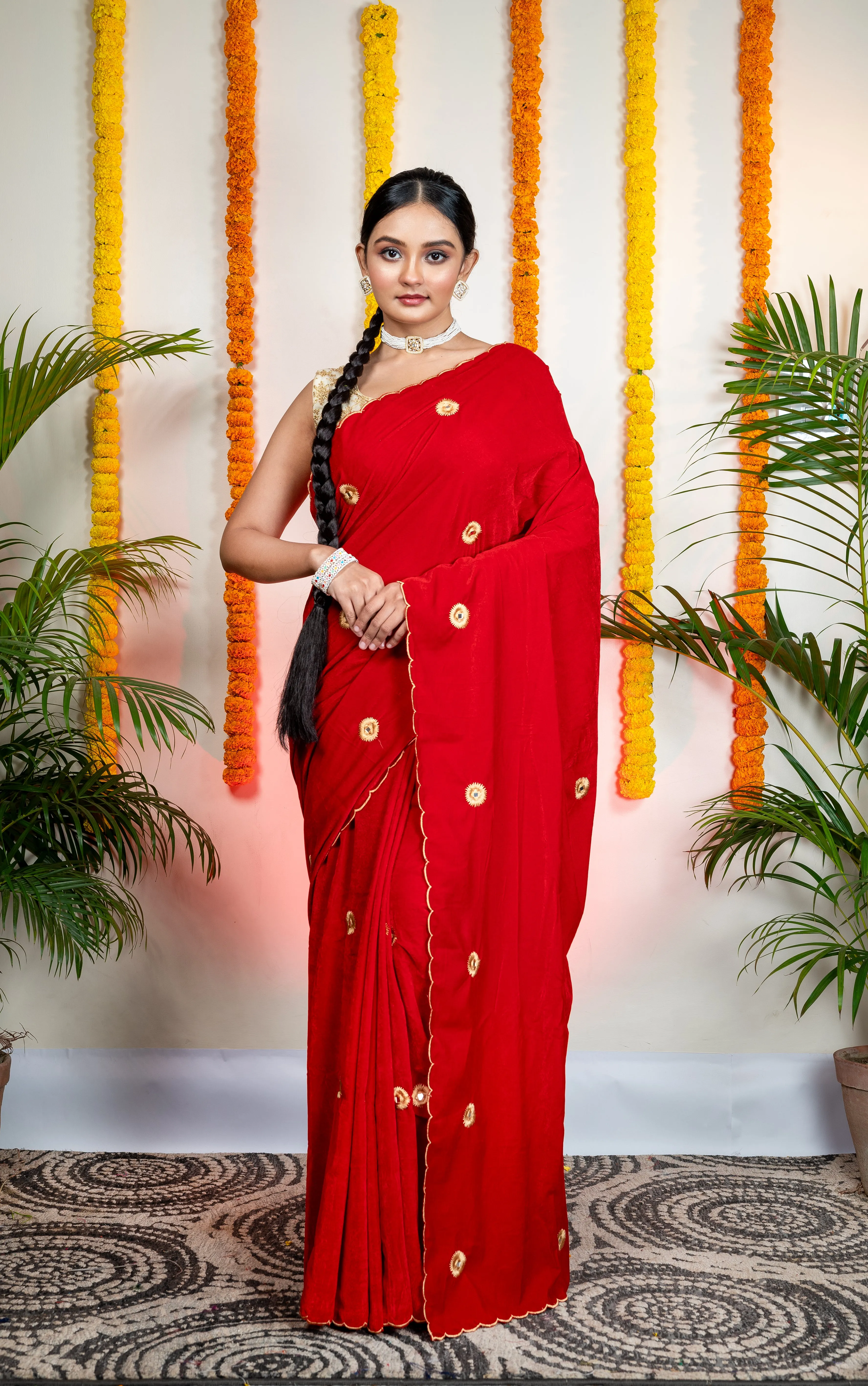 Women Red Velvet Machine Embroidered Saree